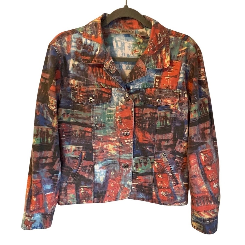 Chicos Vintage Denim Jacket Size 1 Tokyo City Japanese Print Abstract Art Cotton